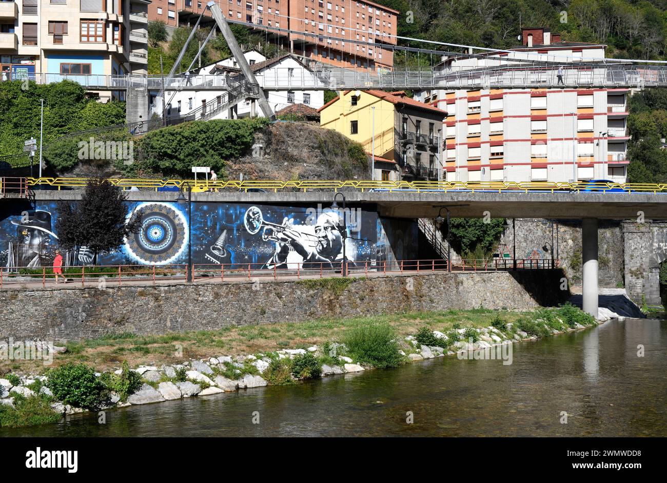 Cangas del Narcea, rivière, ponts et maisons. Asturies, Espagne. Banque D'Images