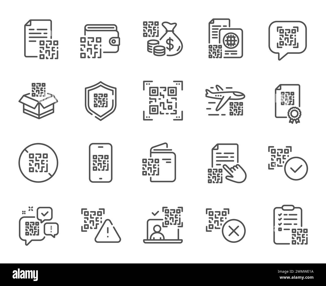 Icônes de ligne de code QR. Certificat de vaccination, scanner qr de téléphone et jeu de documents qrcode. Vecteur Illustration de Vecteur