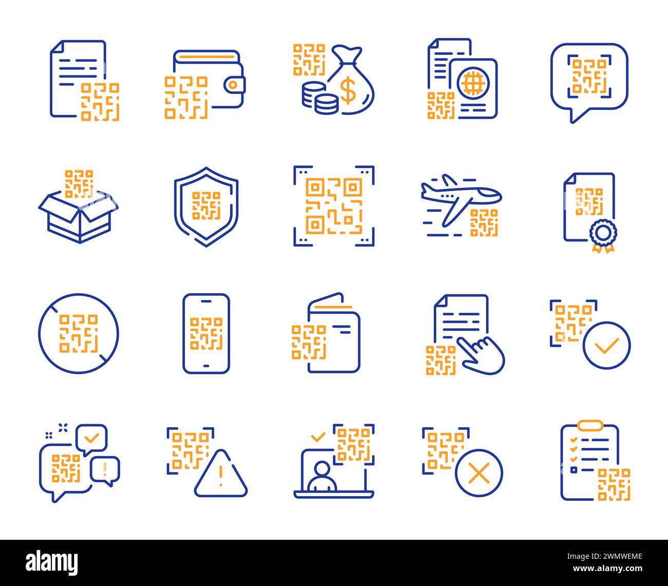 Icônes de ligne de code QR. Certificat de vaccination, scanner qr de téléphone et jeu de documents qrcode. Vecteur Illustration de Vecteur