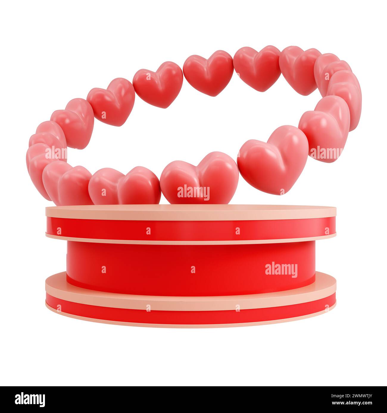 Podium cylindrique pour l'affichage de produit avec des coeurs isolés sur fond blanc. rendu 3d. Banque D'Images