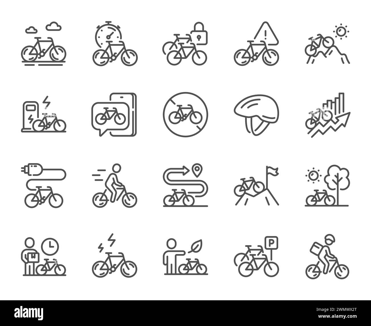 Icônes de ligne de vélo. Vélo de montagne, vélo de voyage et ensemble de transport électrique. Vecteur Illustration de Vecteur