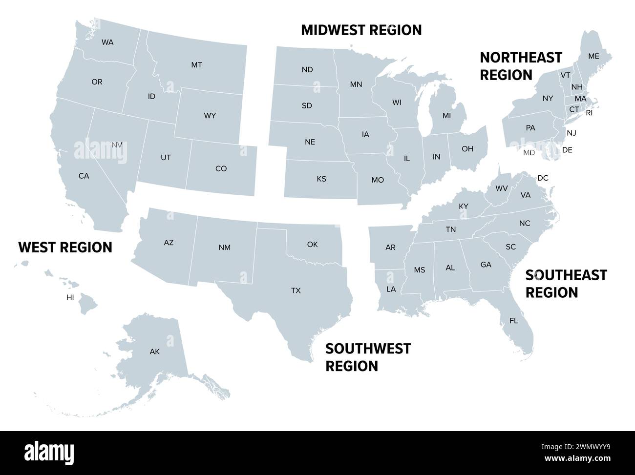 États-Unis, régions géographiques, carte politique grise. Cinq régions, selon leur position géographique sur le continent. Banque D'Images