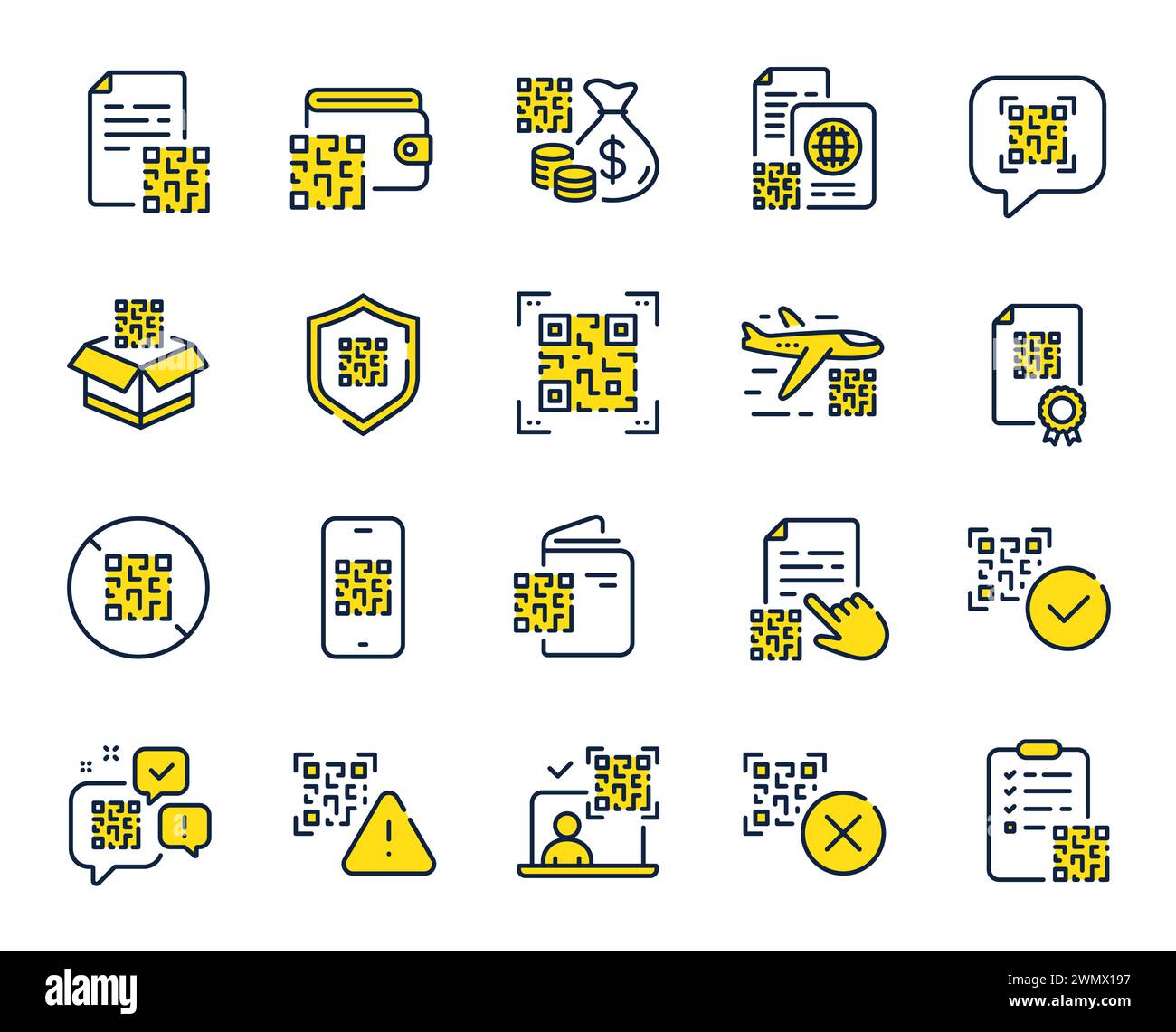 Icônes de ligne de code QR. Certificat de vaccination, scanner qr de téléphone et jeu de documents qrcode. Vecteur Illustration de Vecteur
