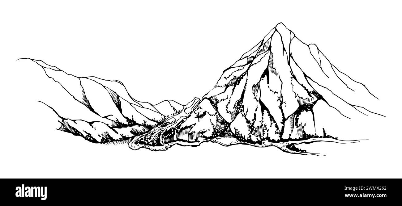 Illustration vectorielle d'encre dessinée à la main, paysage de montagne Amérique du Sud centrale, tourisme forestier de terres agricoles de plan de collines. Isolé sur blanc Illustration de Vecteur