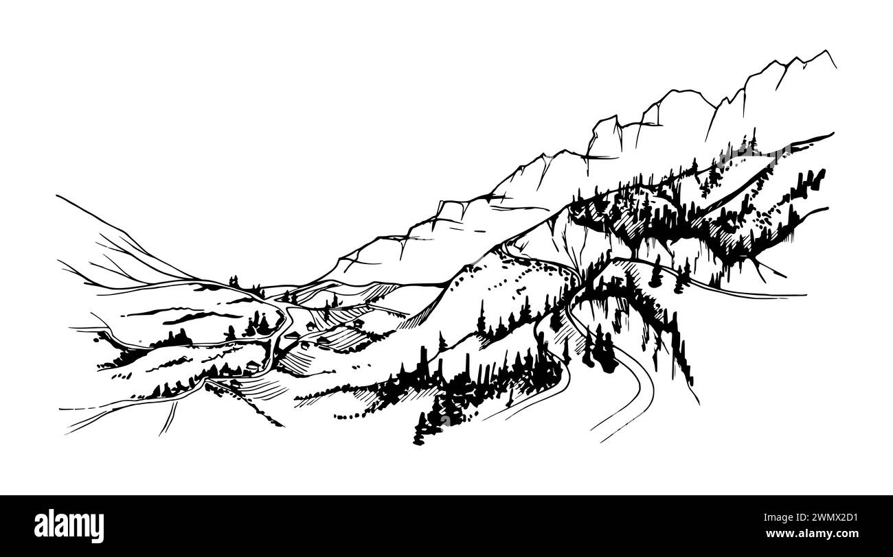 Illustration vectorielle d'encre dessinée à la main, paysage de montagne Amérique du Sud centrale, tourisme forestier de terres agricoles de plan de collines. Isolé sur blanc Illustration de Vecteur
