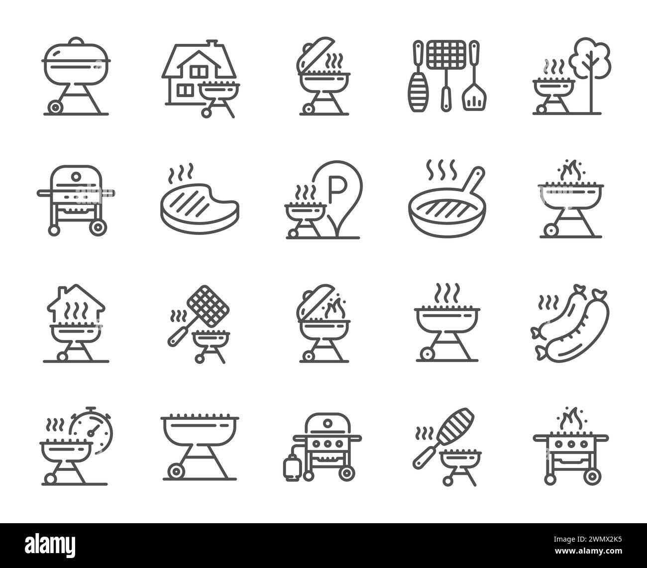 Icônes de ligne de gril. Steak de viande ou de saumon, fumoir BBQ et ensemble de cuisson au feu. Vecteur Illustration de Vecteur