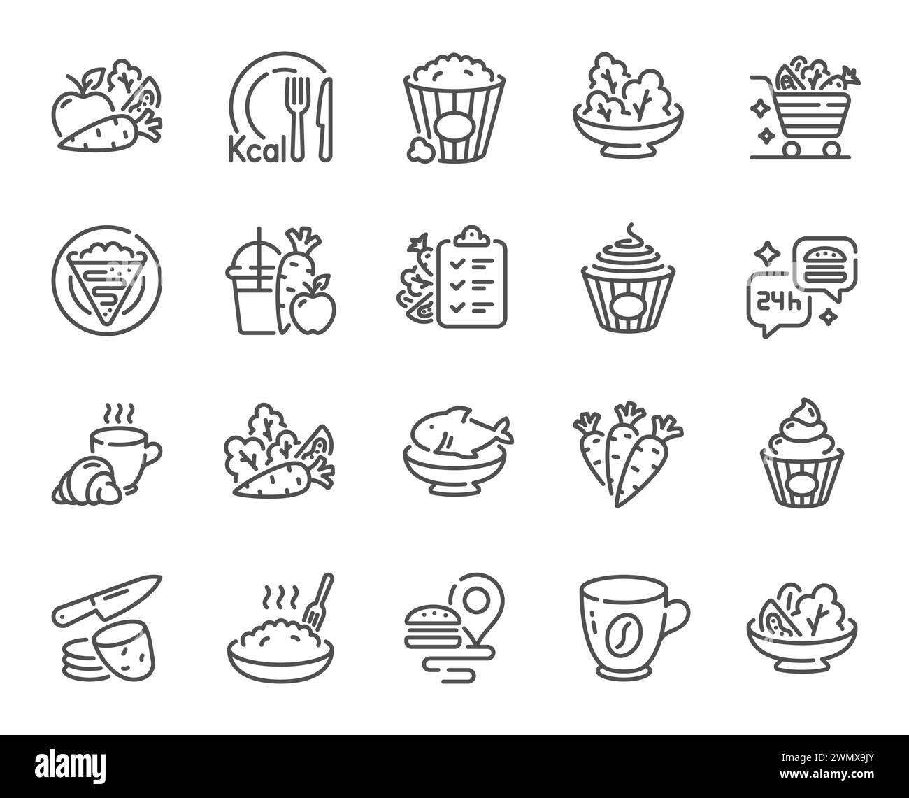 Icônes de ligne d'aliments sains. Salade avec roquette, repas cuisiné et menu diététique. Vecteur Illustration de Vecteur