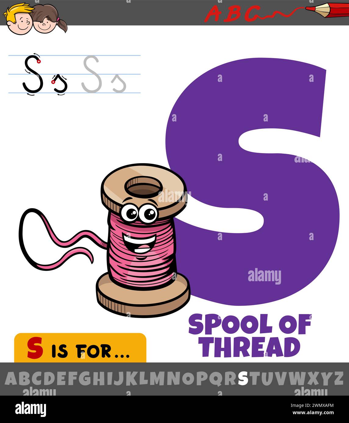 Illustration éducative de dessin animé de la lettre S de l'alphabet avec bobine de fil Illustration de Vecteur