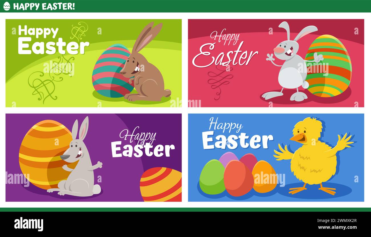 Illustration de dessin animé de lapins de Pâques heureux et de personnages de poussins avec des dessins de cartes de voeux peints d'oeufs de Pâques Illustration de Vecteur