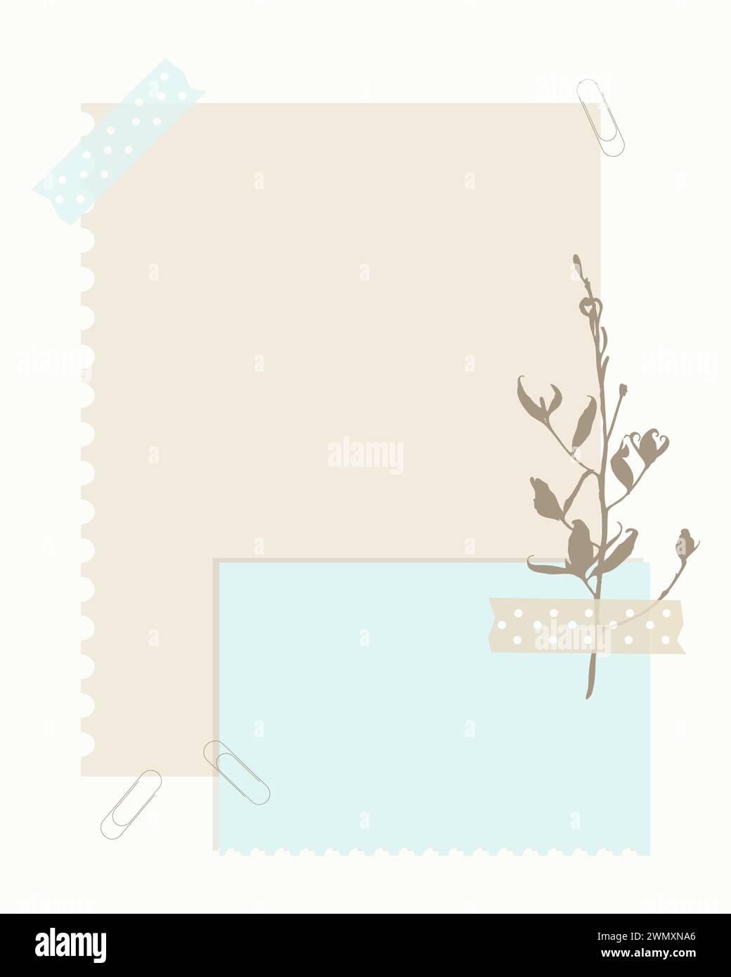 Mise en page de scrapbooking magnifiquement agencée avec des couches de papier de couleur pastel dans des tons bleus et beiges, ornée d'une brindille botanique et sécurisée avec des trombones. Le design dégage un charme subtil, parfait pour préserver les souvenirs chers. Illustration de Vecteur