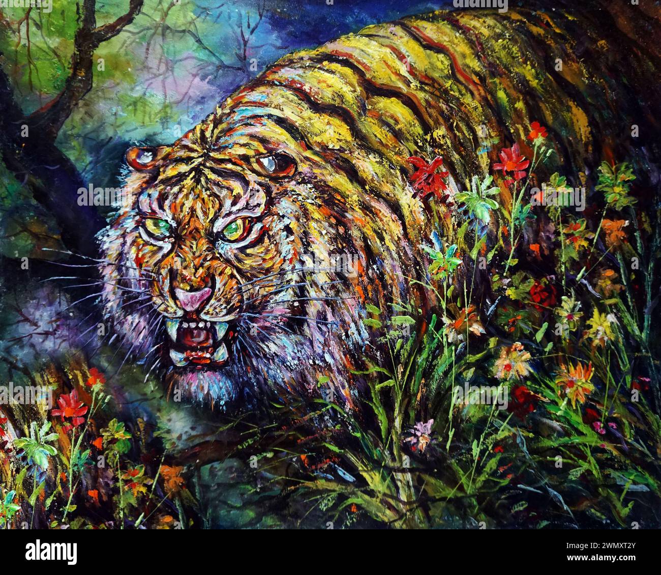 Peinture d'art à l'huile couleur panthera tigris tigre dans la forêt Banque D'Images