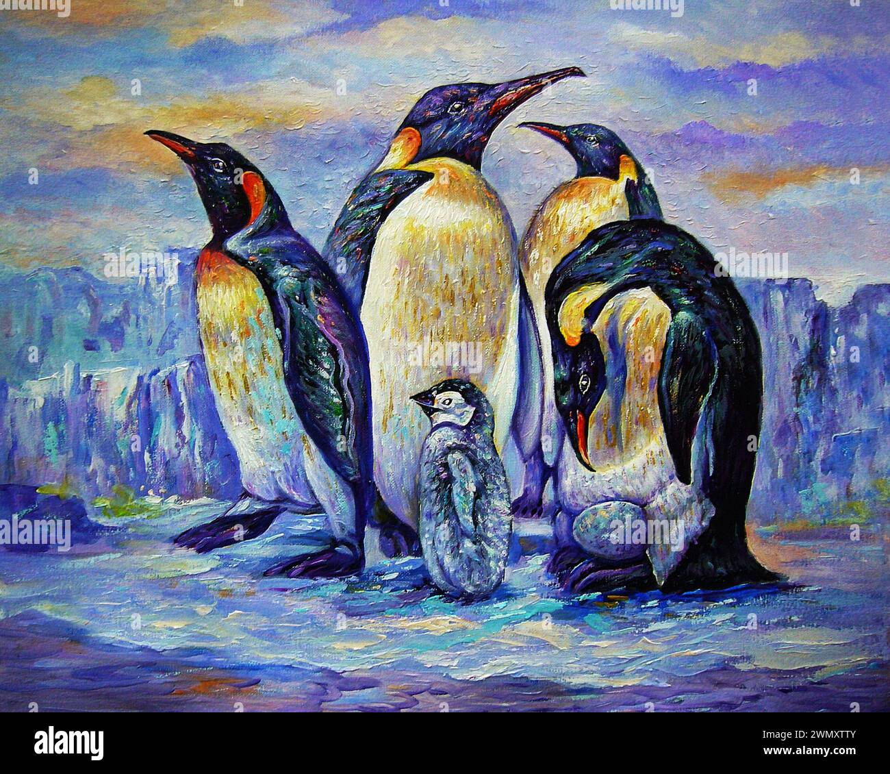 artiste professionnel peint à la main original impressionnisme chefs-d'œuvre peintre art peinture à l'huile couleur nord glace pingouin famille mignonne animal plume Banque D'Images