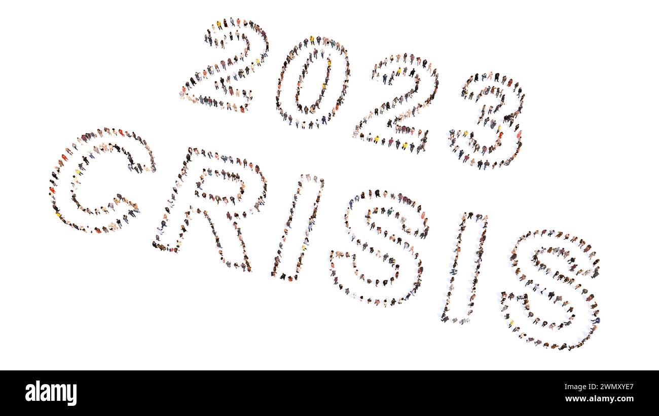 Communauté conceptuelle de personnes formant le message DE CRISE de 2023. 3d illustration métaphore pour la crise économique et financière, récession à long terme Banque D'Images