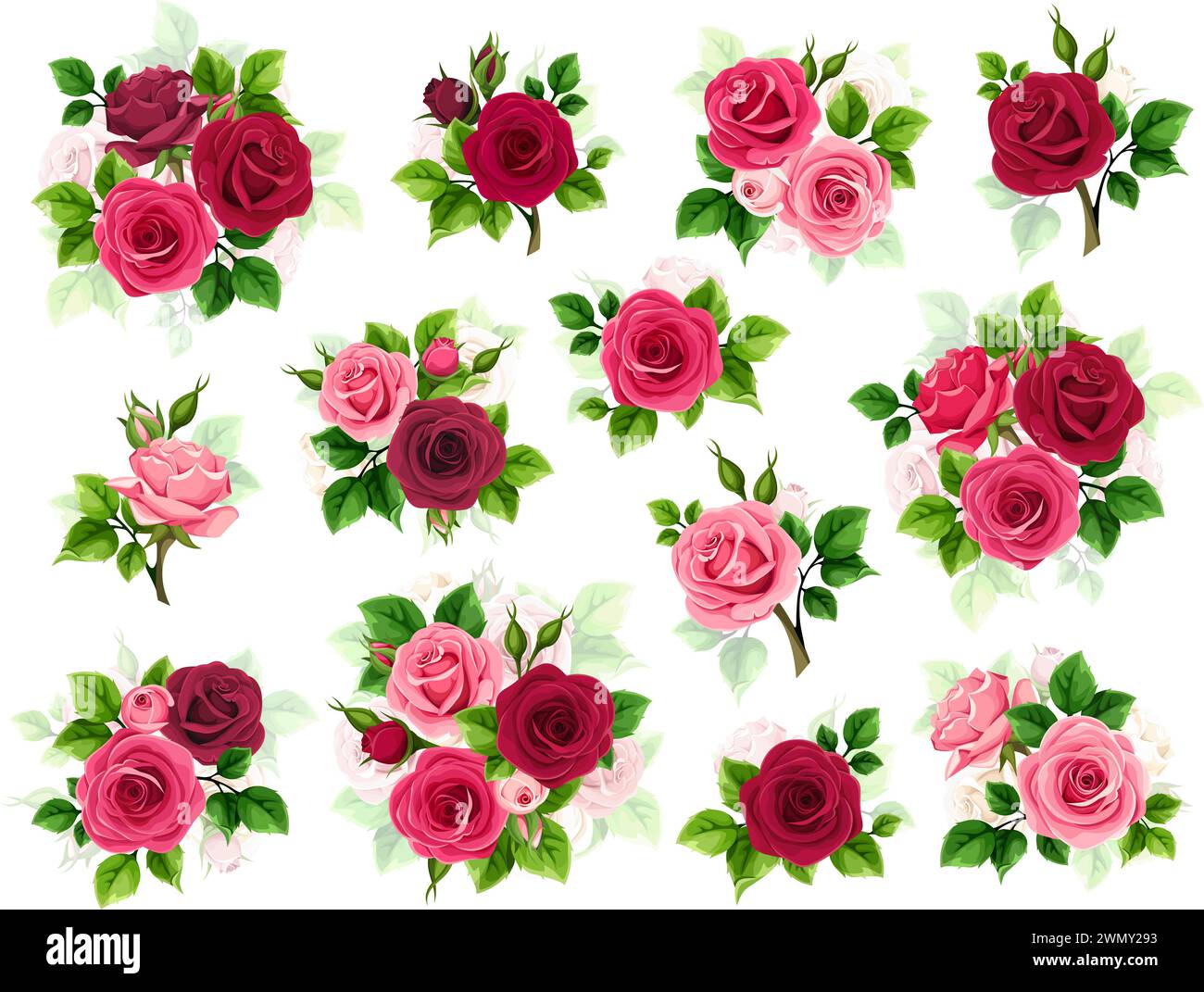 Roses rouges et roses. Grand ensemble d'éléments de conception vectorielle avec des fleurs roses rouges et roses et des feuilles vertes isolées sur un fond blanc Illustration de Vecteur