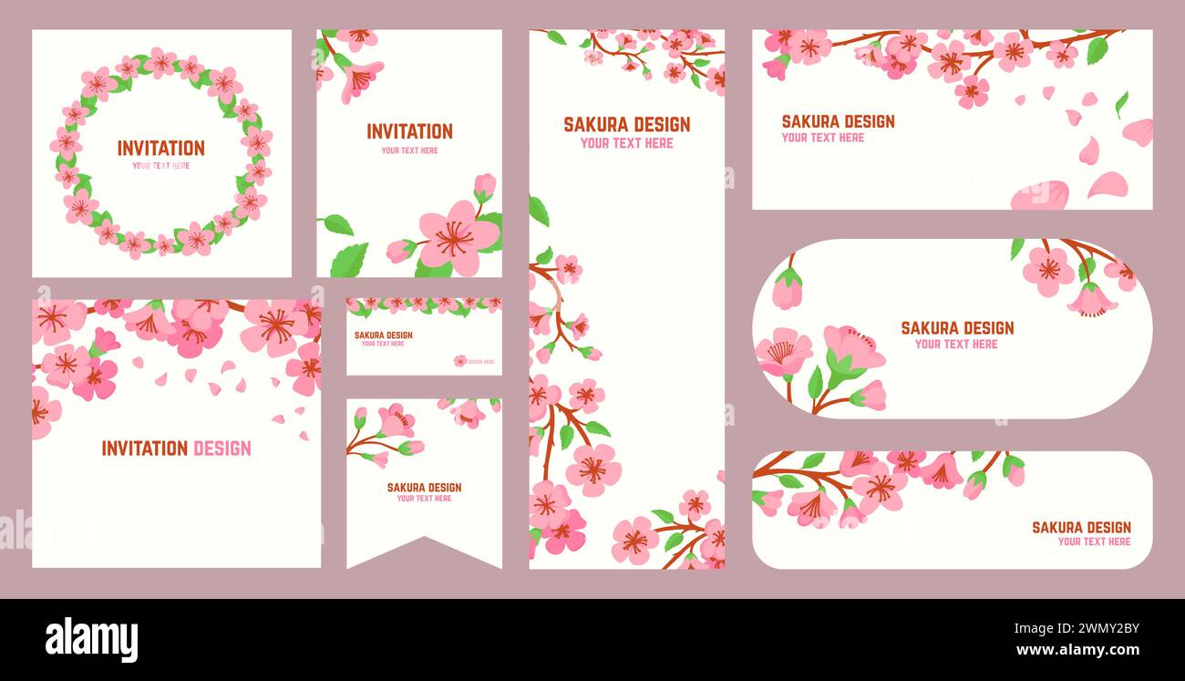 Design de cartes Sakura. Invitation, flyers et modèle de carte de visite. Fleurs japonaises florissantes branches, fleur de pêche ou de cerisier, ensemble vecteur néotérique Illustration de Vecteur