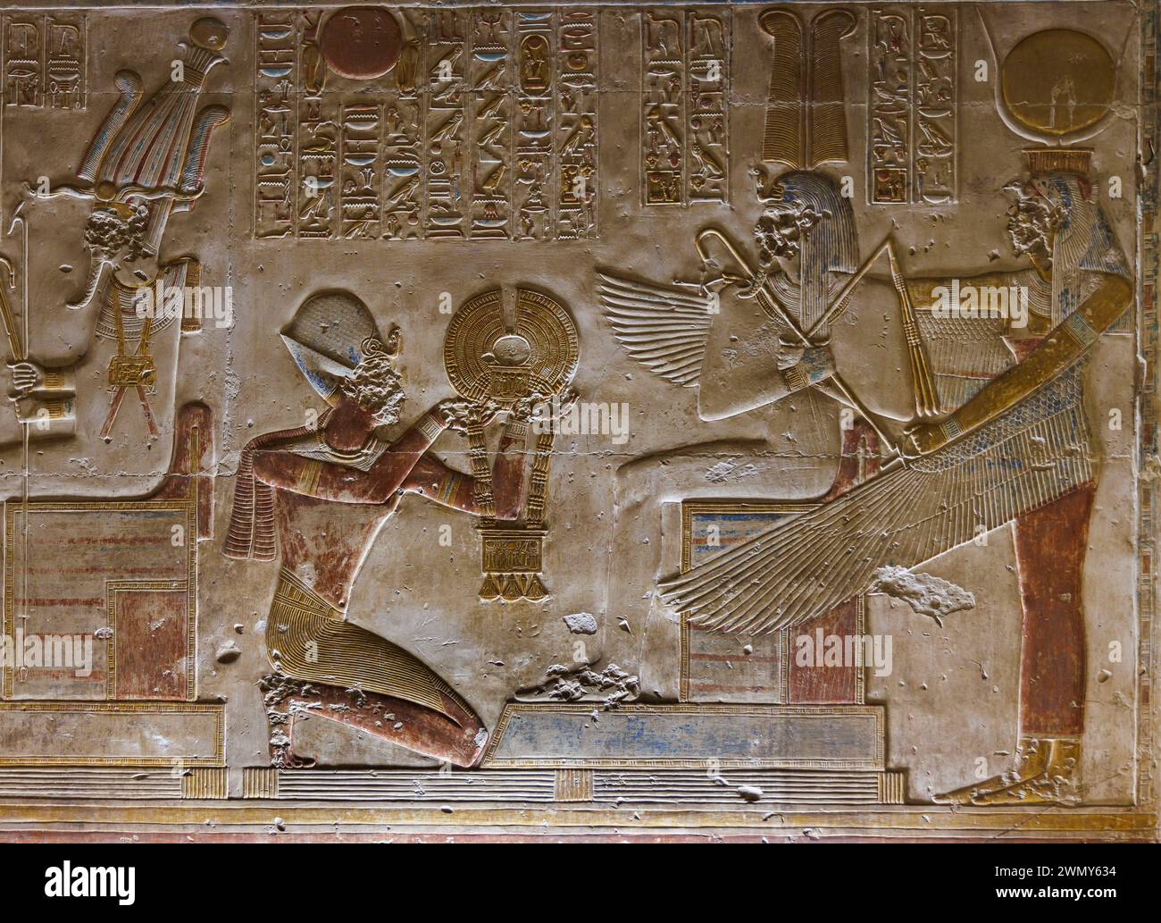 Egypte, Sohag, Abydos, Abydos ville de pèlerinage des Pharaons inscrits au patrimoine mondial de l'UNESCO, temple de Seti I, bas relief Banque D'Images