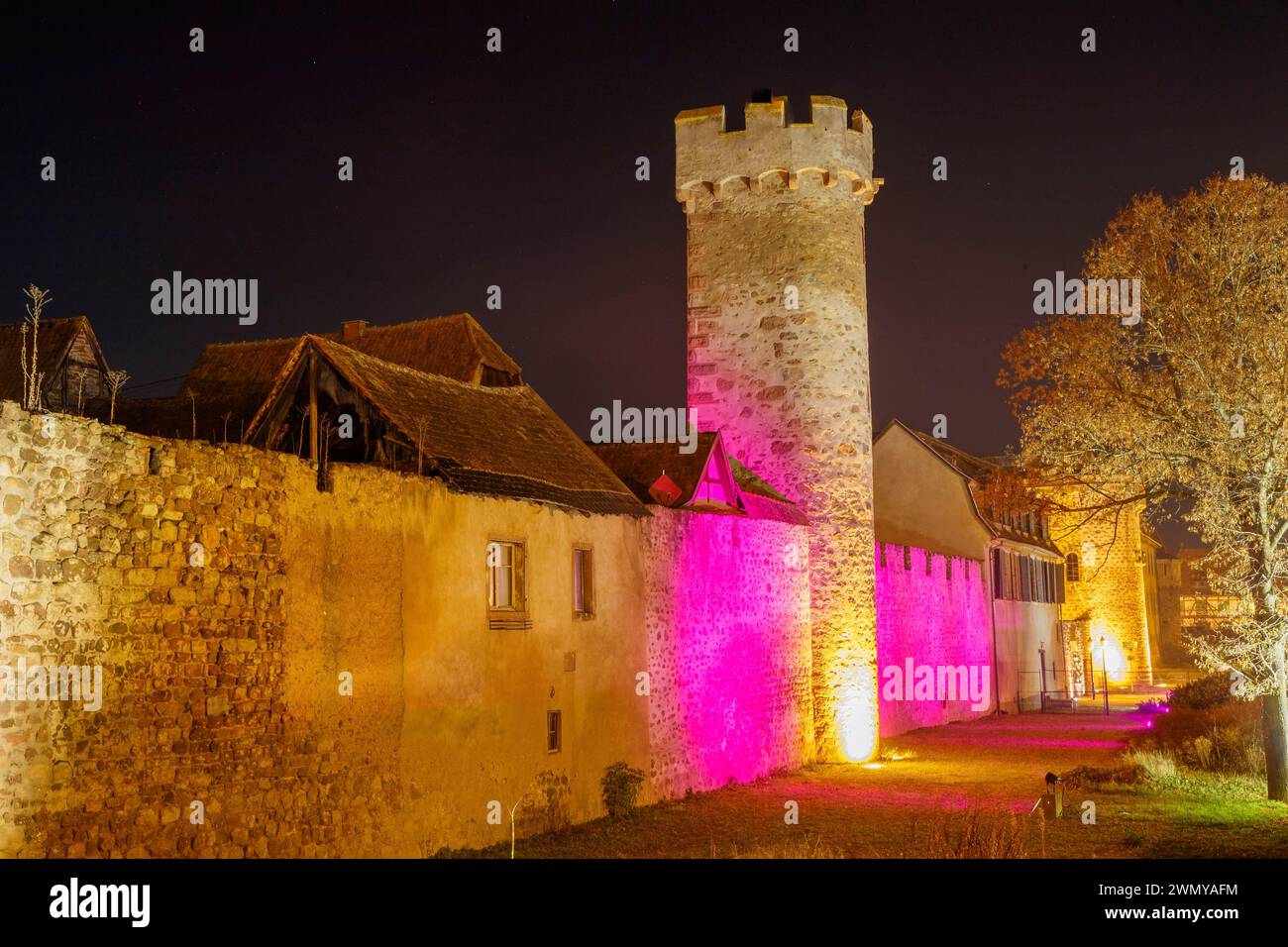 France, Bas Rhin, Obernai, ville natale de Sainte Odile, remparts extérieurs éclairés la nuit à Noël Banque D'Images