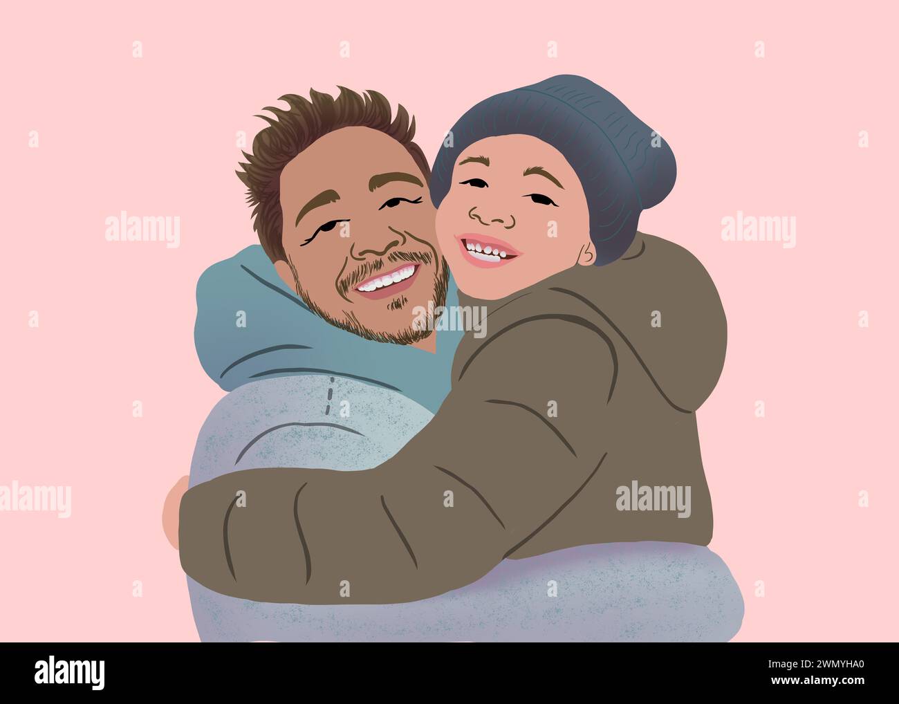 Une illustration réconfortante d'un père et d'un enfant souriants et multiculturels partageant une étreinte joyeuse, sur un fond rose doux. Banque D'Images