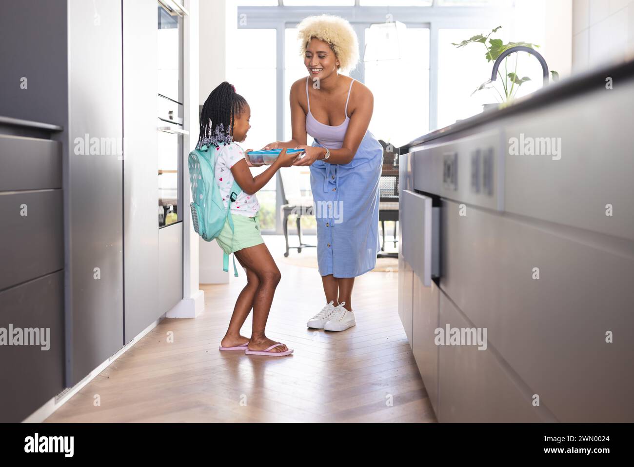 Une jeune mère biraciale tend une boîte à lunch à une fille afro-américaine dans une cuisine Banque D'Images