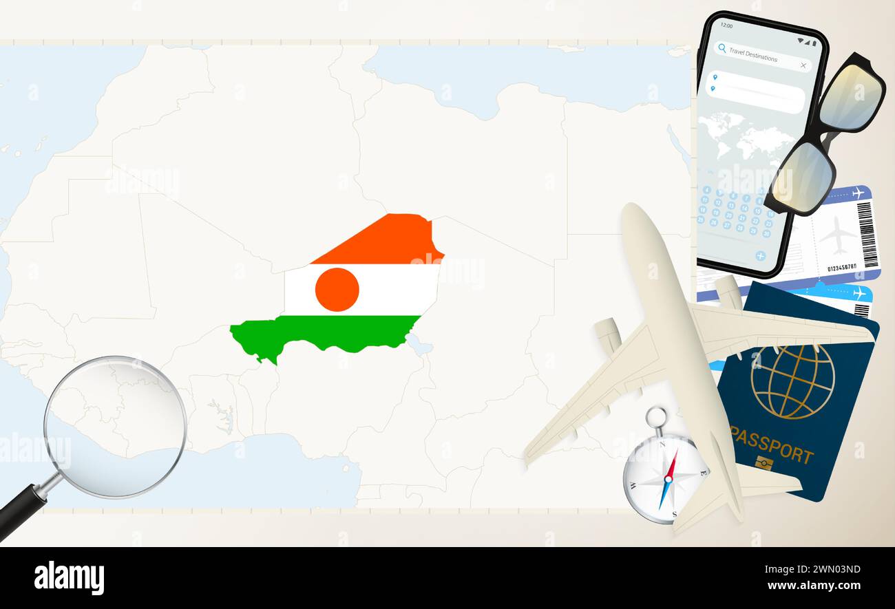 Carte et drapeau du Niger, avion cargo sur la carte détaillée du Niger avec drapeau, passeport, loupe et avion. Modèle vectoriel. Illustration de Vecteur Carte et drapeau du Niger, avion cargo sur la carte détaillée du Niger avec drapeau, passeport, loupe et avion. Modèle vectoriel. Illustration de Vecteur