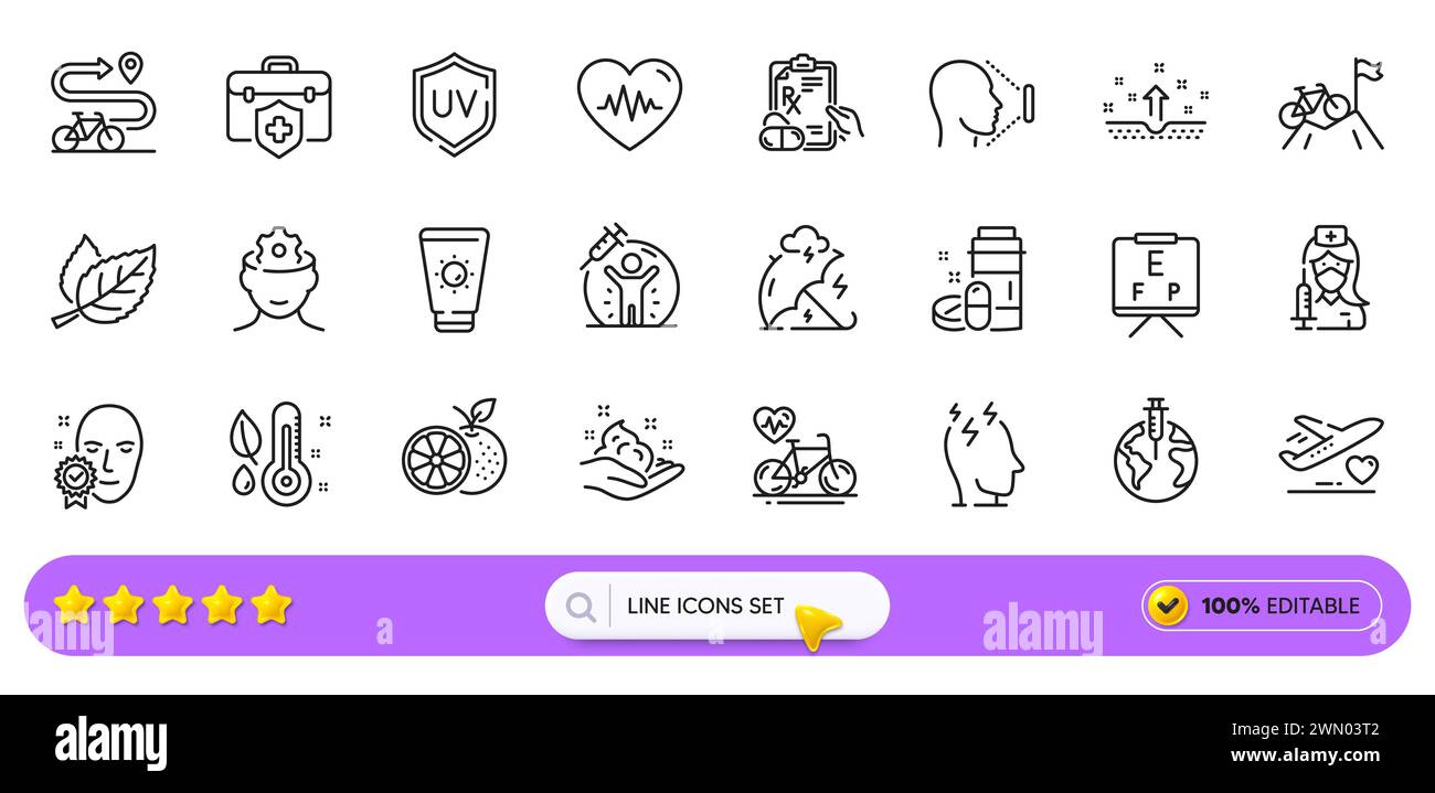 Vaccin pandémique, Heartbeat et icônes de ligne de vélo de montagne pour l'application Web. Icône de pictogramme. Icônes de ligne. Vecteur Illustration de Vecteur