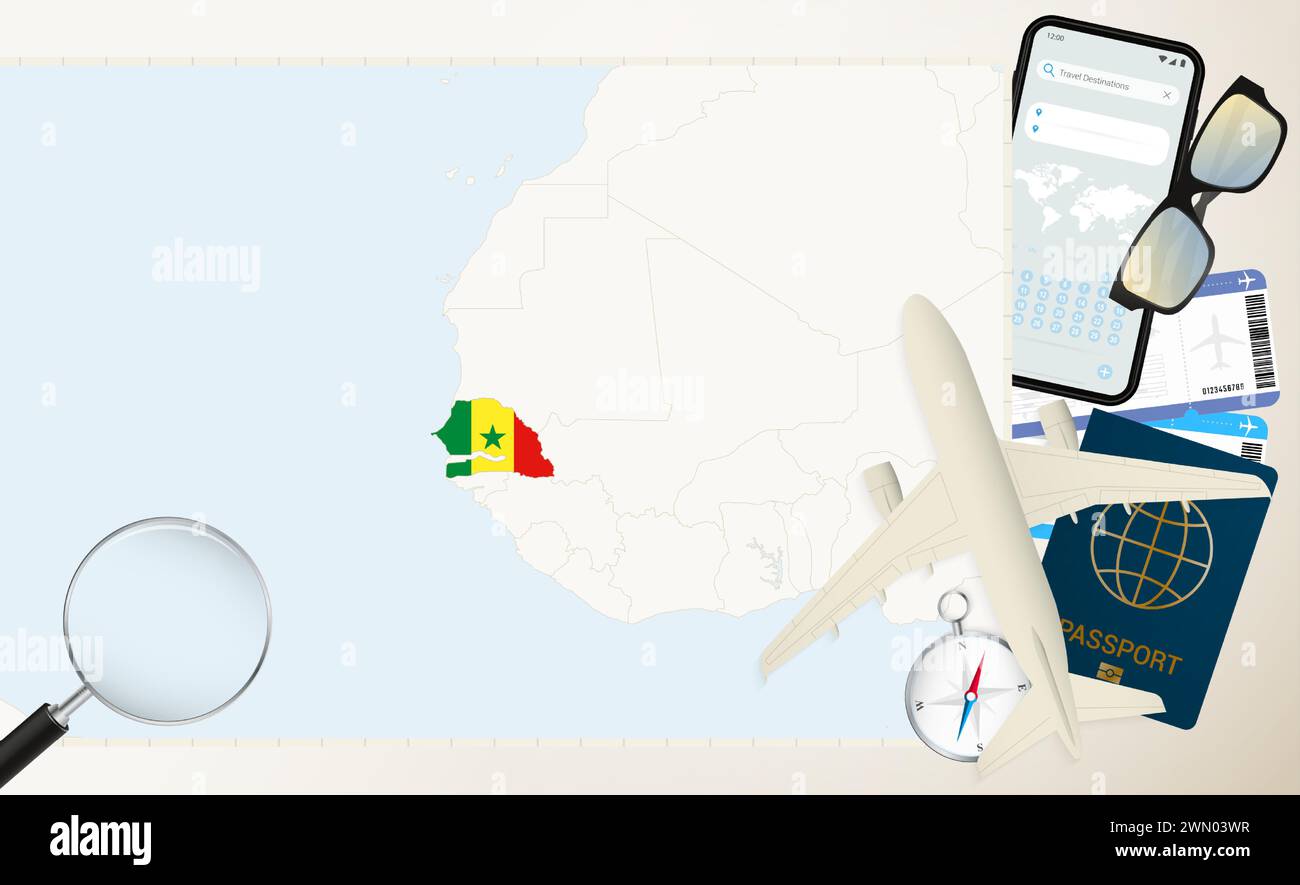 Carte et drapeau du Sénégal, avion cargo sur la carte détaillée du Sénégal avec drapeau, passeport, loupe et avion. Modèle vectoriel. Illustration de Vecteur