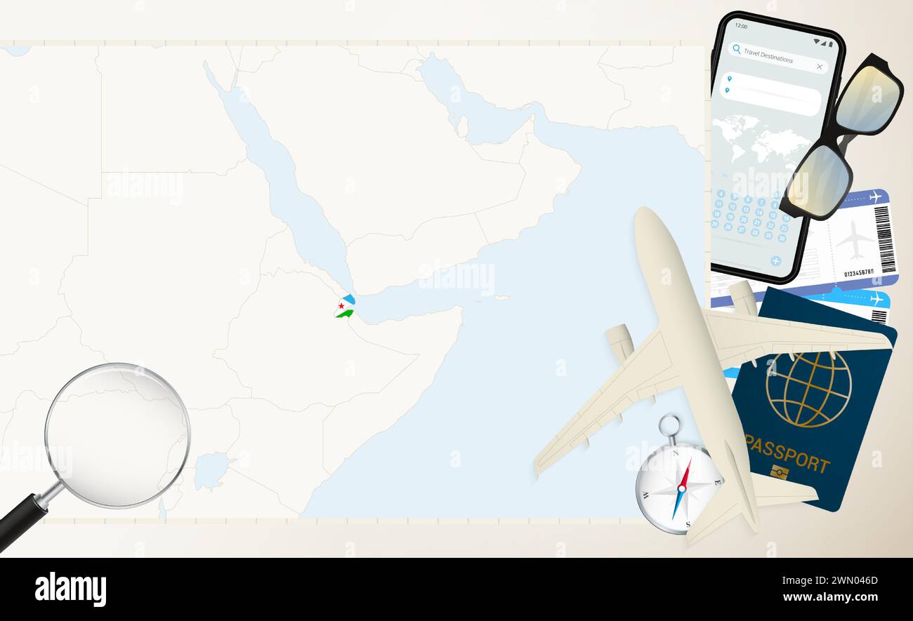 Djibouti carte et drapeau, avion cargo sur la carte détaillée de Djibouti avec drapeau, passeport, loupe et avion. Modèle vectoriel. Illustration de Vecteur