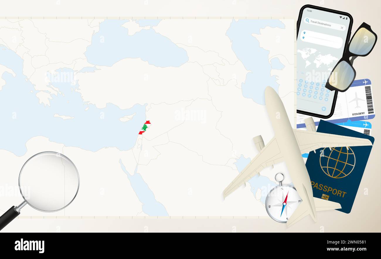 Carte et drapeau du Liban, avion cargo sur la carte détaillée du Liban avec drapeau, passeport, loupe et avion. Modèle vectoriel. Illustration de Vecteur