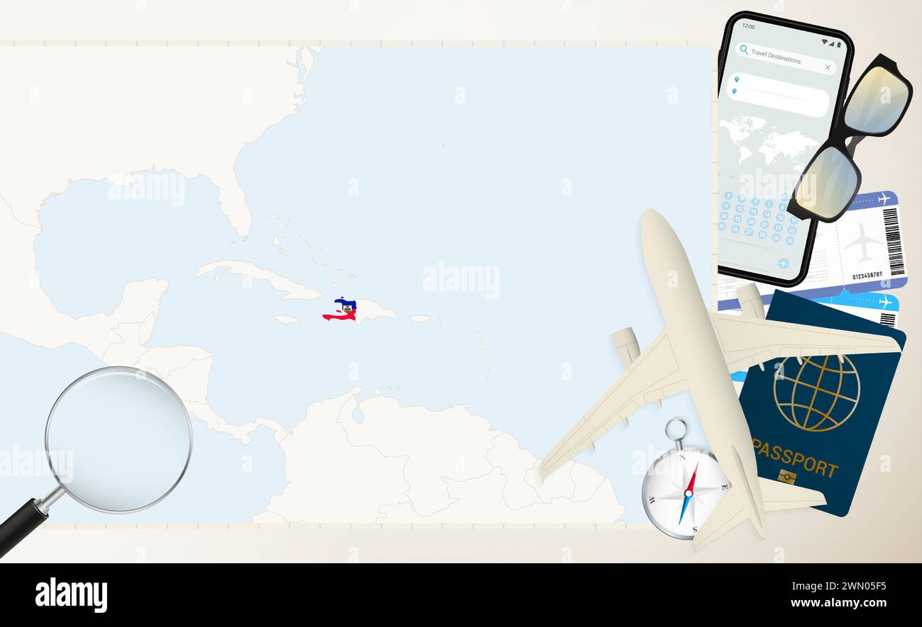 Carte et drapeau d'Haïti, avion cargo sur la carte détaillée d'Haïti avec drapeau, passeport, loupe et avion. Modèle vectoriel. Illustration de Vecteur