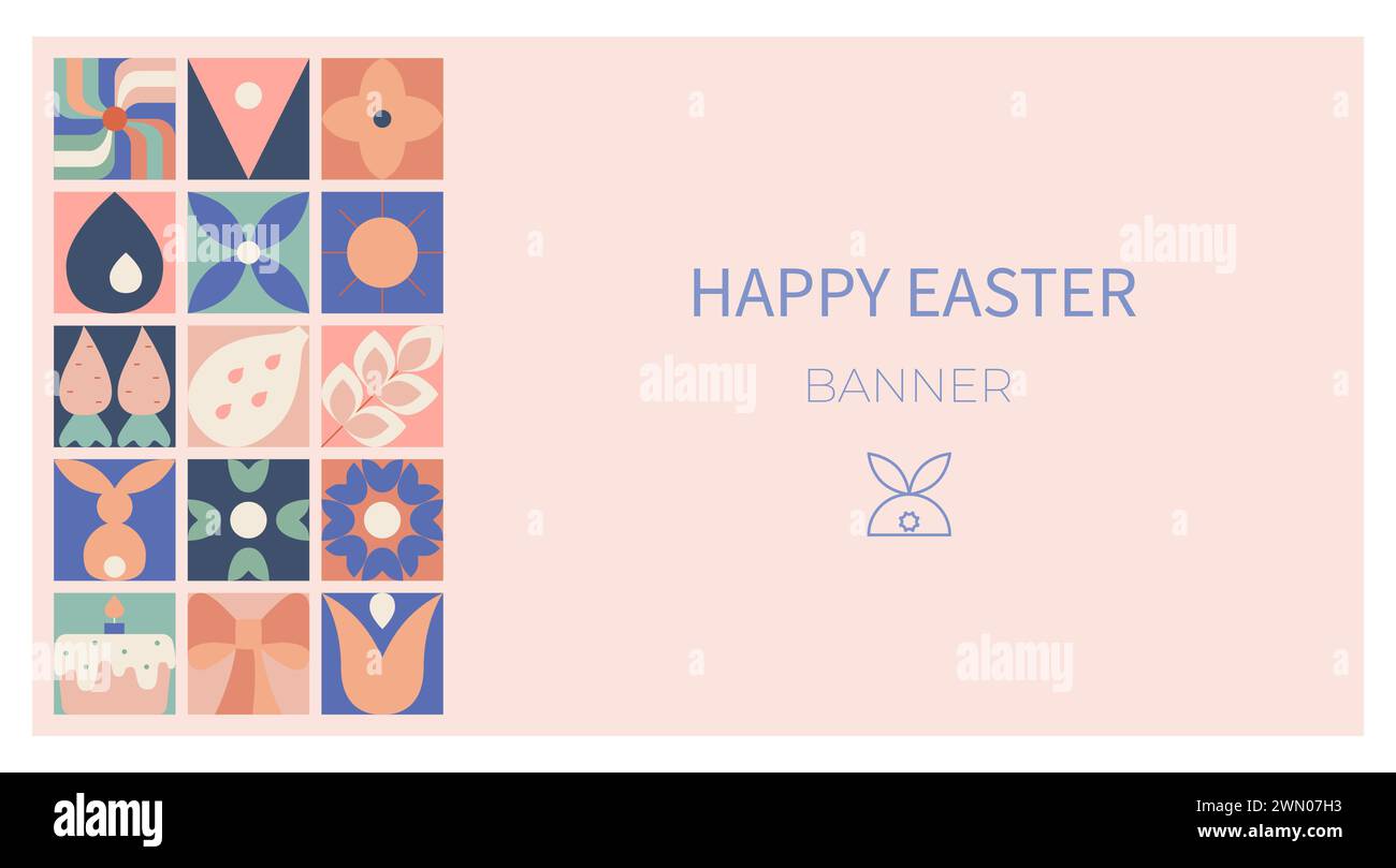 Joyeuses Pâques moderne affiche géométrique abstraite, bannière. Modèle de Pâques pour publication de médias sociaux, fond vectoriel. Illustration de Vecteur