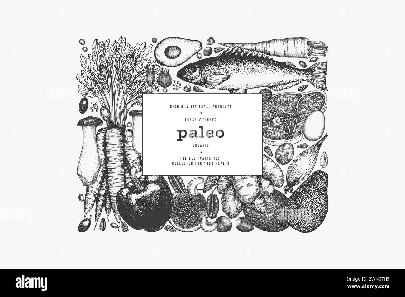 Modèle de conception de régime Paleo. Bannière de nourriture saine dessinée à la main Vector. Illustration de menu de style vintage. Illustration de Vecteur