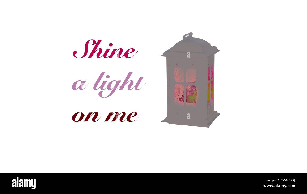 Une lanterne blanche et un texte coloré disant briller une lumière sur moi. Concept d'illumination. Banque D'Images