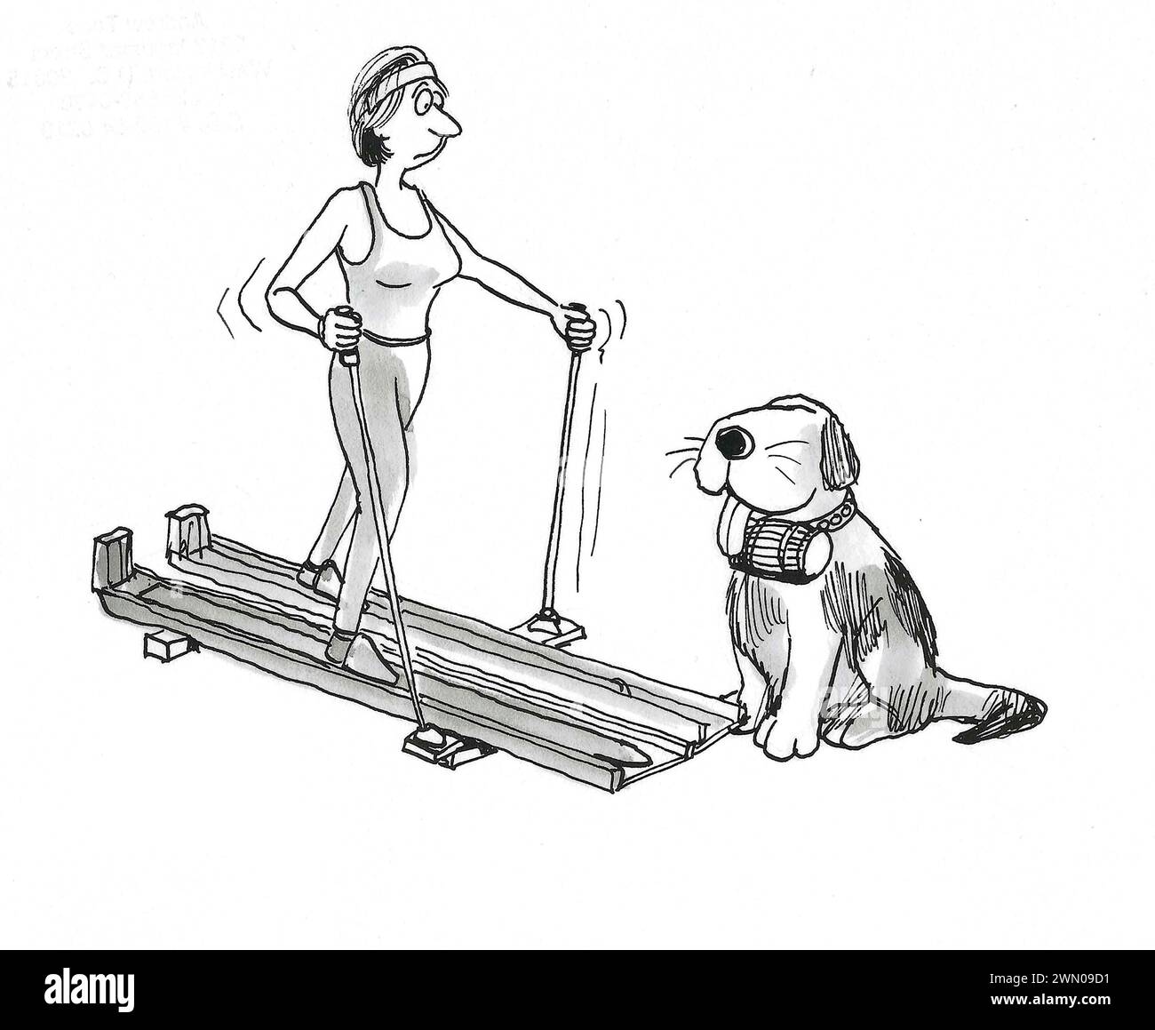 Dessin animé BW d'une femme glissant sur des skis d'intérieur avec un chien de montagne prêt à aider si nécessaire. Banque D'Images