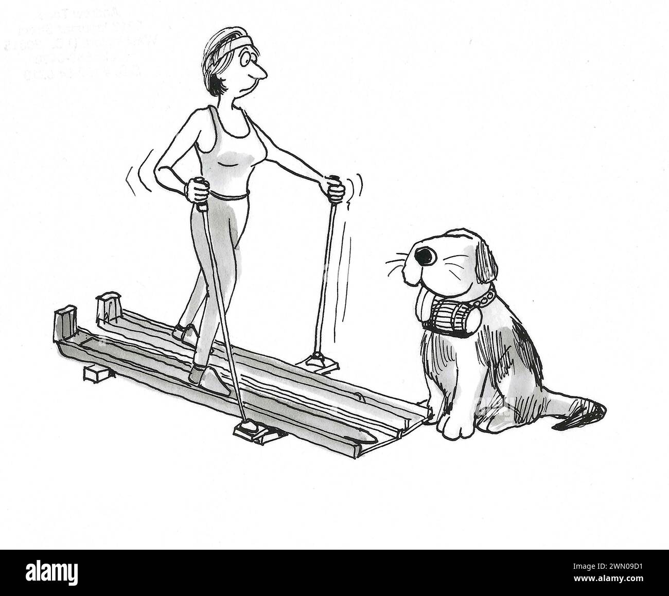 Dessin animé BW d'une femme glissant sur des skis d'intérieur avec un chien de montagne prêt à aider si nécessaire. Banque D'Images