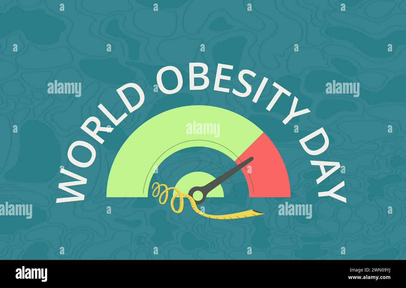 Bannière de la journée mondiale de l'obésité. Gabarit avec indicateur d'échelle et mètre à ruban. Illustration vectorielle plate. Illustration de Vecteur
