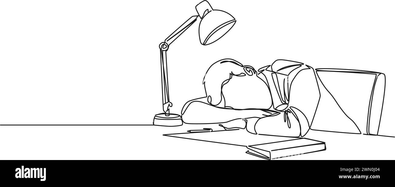 dessin simple ligne continu de l'homme surmené dormant au bureau, illustration vectorielle d'art au trait Illustration de Vecteur