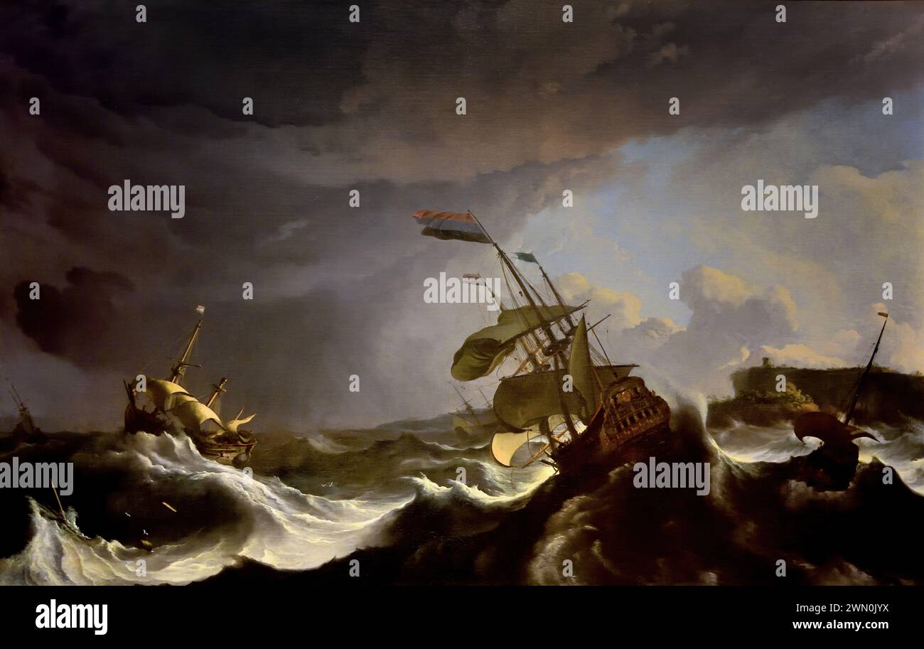 Warships in a Heavy Storm de Ludolf Bakhuizen - 1630 – 1708, allemand, néerlandais, peintre néerlandais, dessinateur, et le calligraphe a, il était le principal peintre hollandais de sujets maritimes Musée Royal des Beaux-Arts, Anvers, Belgique, Belgique. Banque D'Images