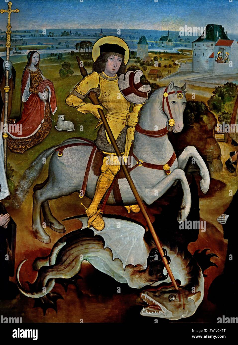 Prog George et le Dragon, vêtus d'une armure d'or et assis sur un cheval gris par les membres de la Guilde de la vieille arbalète de Malines Meester van de Mechelse Musée royal des Beaux-Arts de Sint-Jorisgilde, Anvers, Belgique, belge ( Saint Georges, vêtu d'une armure dorée et assis sur un cheval gris, tue un dragon au centre de ce tableau. un acte héroïque a sauvé le Banque D'Images