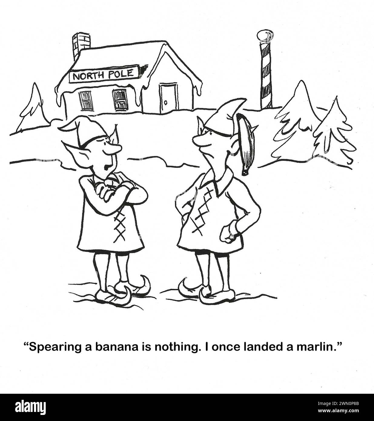 Dessin animé BW de deux elfes du Père Noël discutant de ce qu'ils peuvent lancer avec leurs oreilles pointues. Banque D'Images