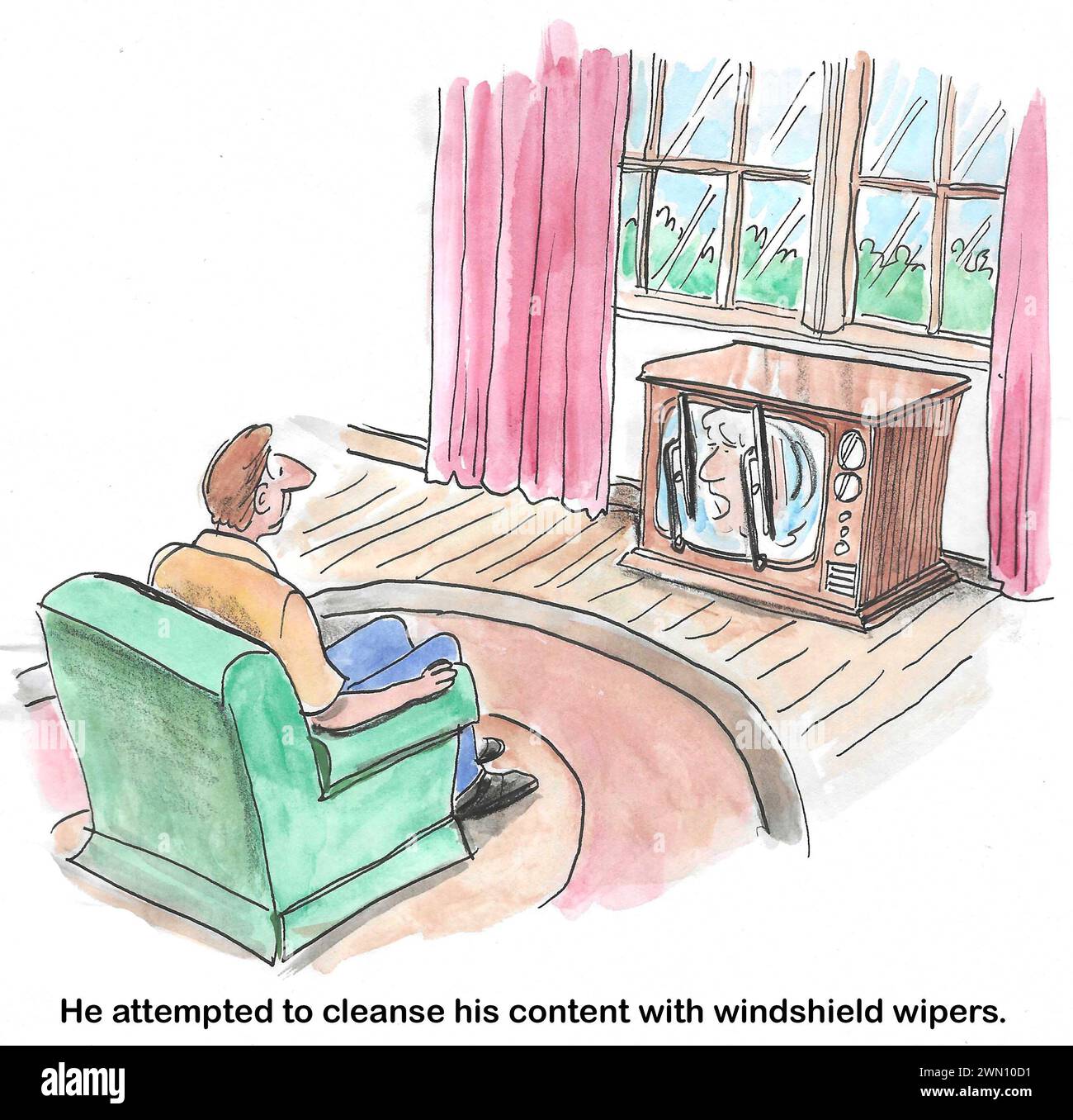 Dessin animé en couleur d'un homme nettoyant le contenu de la télévision avec des essuie-glaces. Banque D'Images