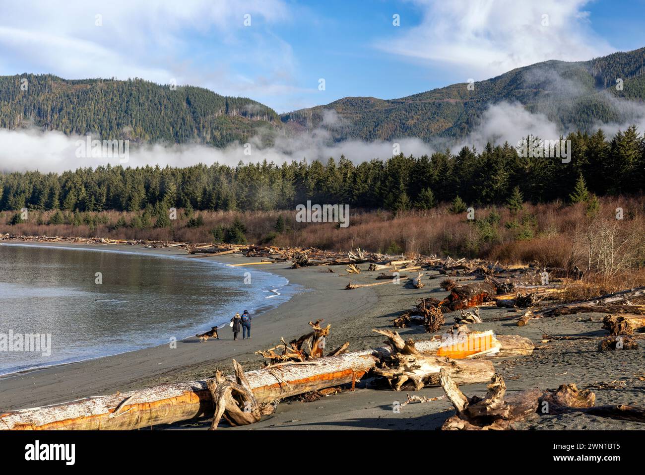 Randonneurs sur la plage Pacheedaht dans la réserve de la première nation à Port Renfrew, île de Vancouver, Colombie-Britannique, Canada Banque D'Images