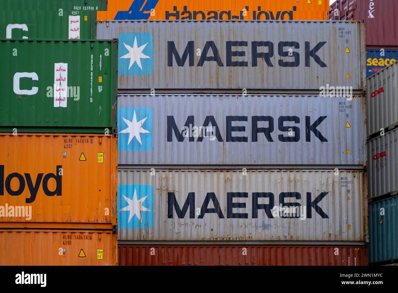 Danish Moller-Mærsk conteneurs d'expédition plus grande entreprise d'expédition et de logistique empilée dans le port, la logistique et la gestion de la chaîne d'approvisionnement, Francfort, Germ Banque D'Images