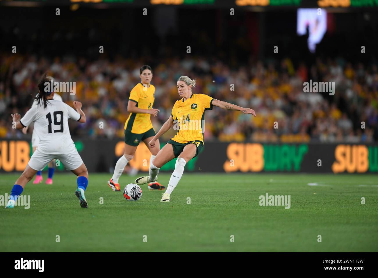 MELBOURNE, AUSTRALIE Melbourne, Victoria, Australie. 28 février 2024. L'Australie Back Alanna Kennedy (14 ans) au tournoi de qualification olympique féminin 2024 de l'AFC R3 Australia Women vs Ouzbékistan Women au stade Marvel de Melbourne. Crédit : Karl Phillipson/Alamy Live News Banque D'Images