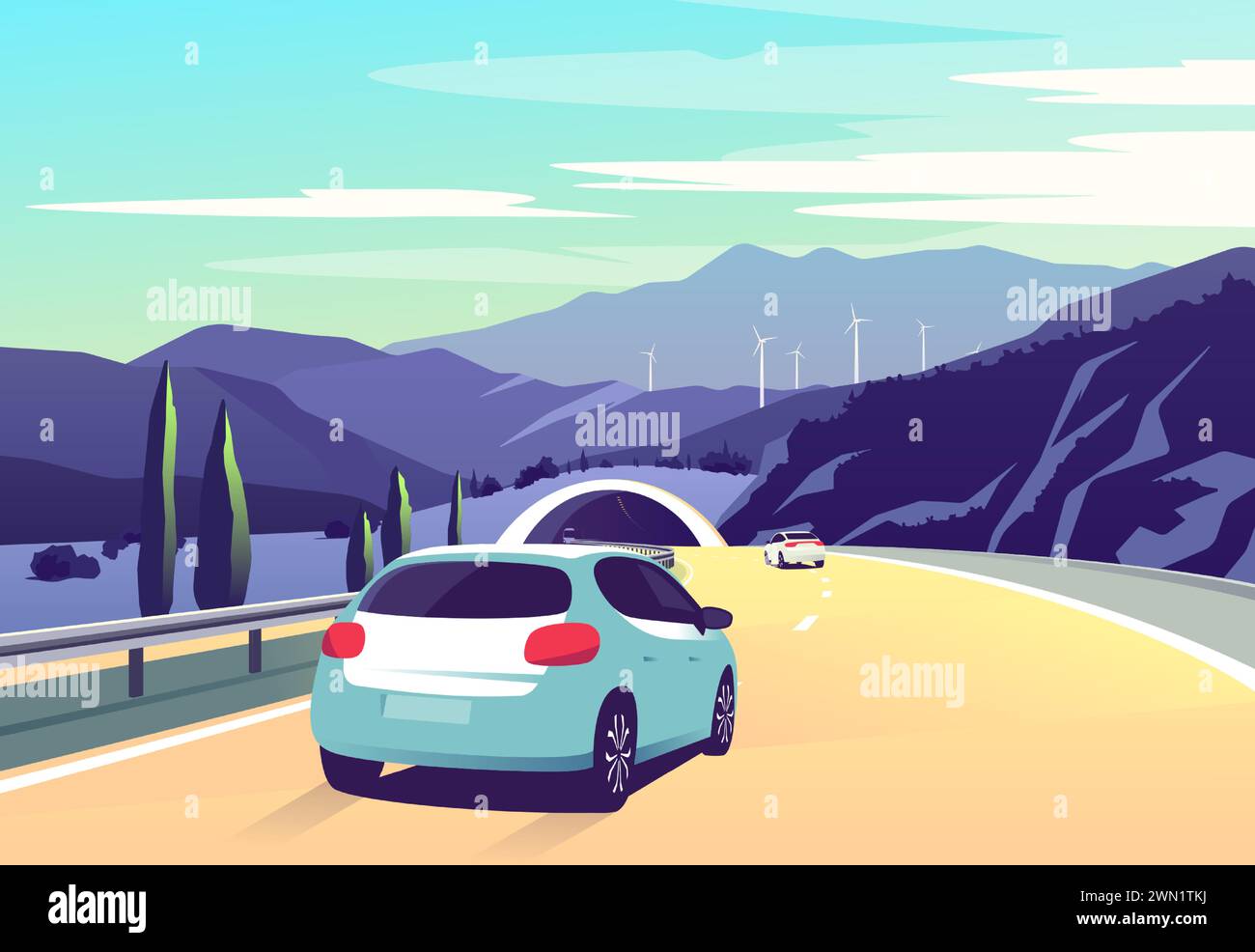 Illustration vectorielle avec des voitures conduisant le long d'une route courbe le long des montagnes avec des éoliennes Illustration de Vecteur