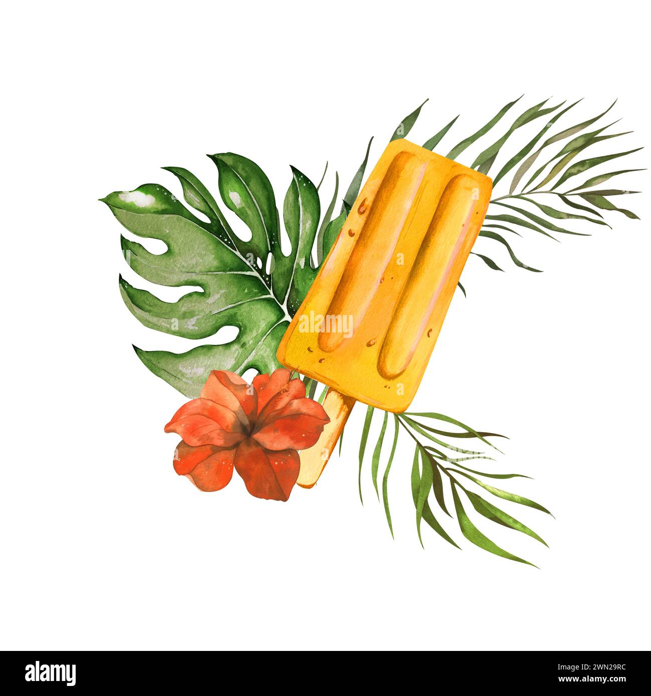 composition tropicale de glace aux fruits jaunâtre brillante, feuilles de monstera, palmiers et fleurs d'hibiscus. illustration aquarelle, isolée sur backgr blanc Banque D'Images