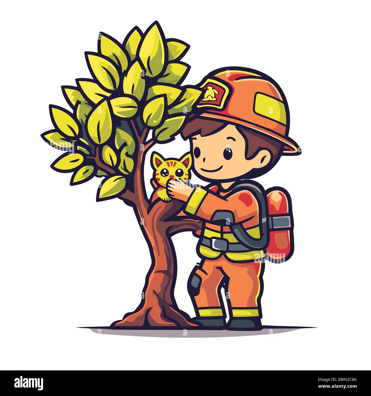 Pompier de dessin animé avec chat sur l'arbre. Illustration vectorielle mignonne. Illustration de Vecteur