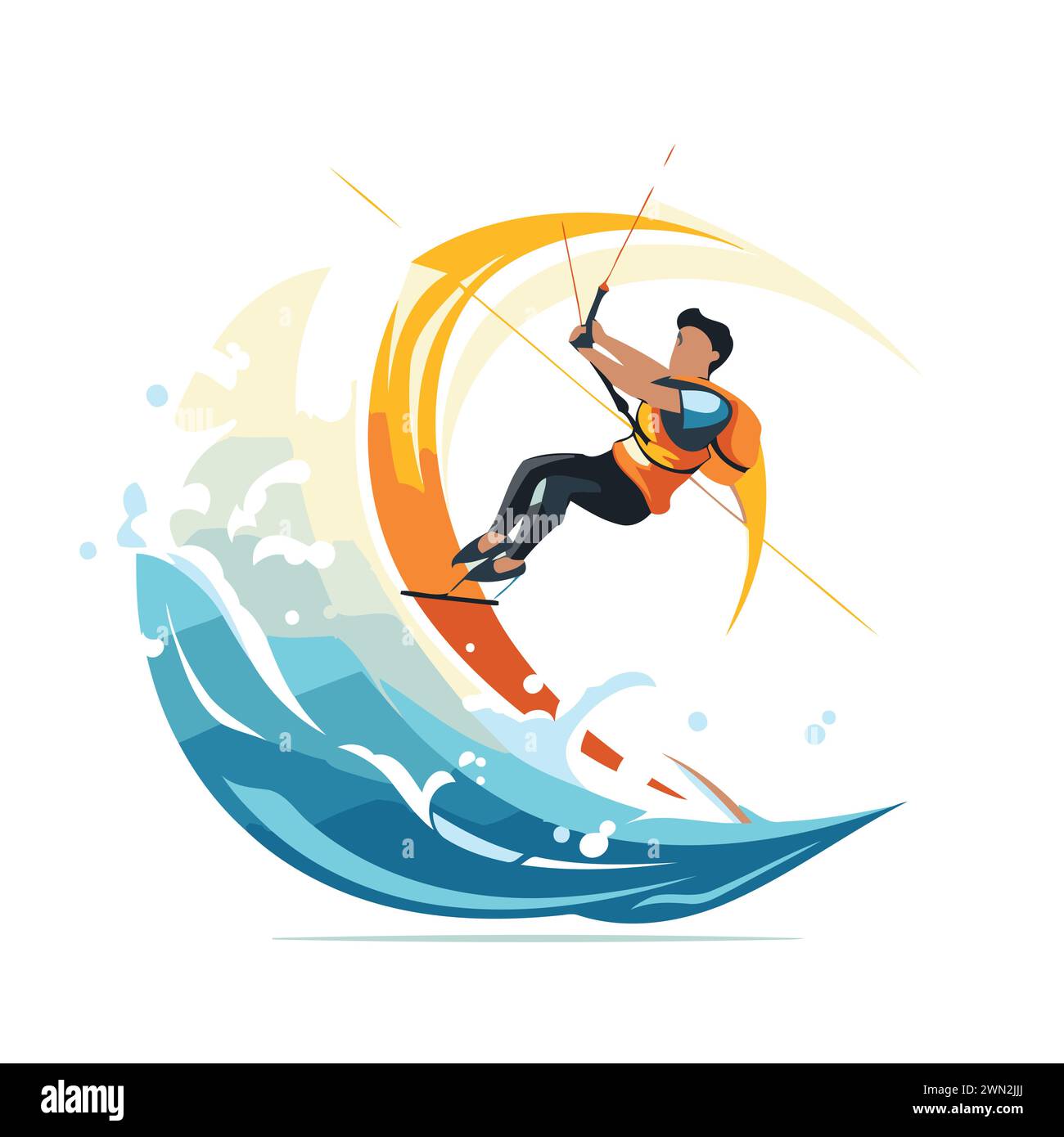 Illustration vectorielle de sport de kitesurf. Kitesurfer sur les vagues. Illustration de Vecteur