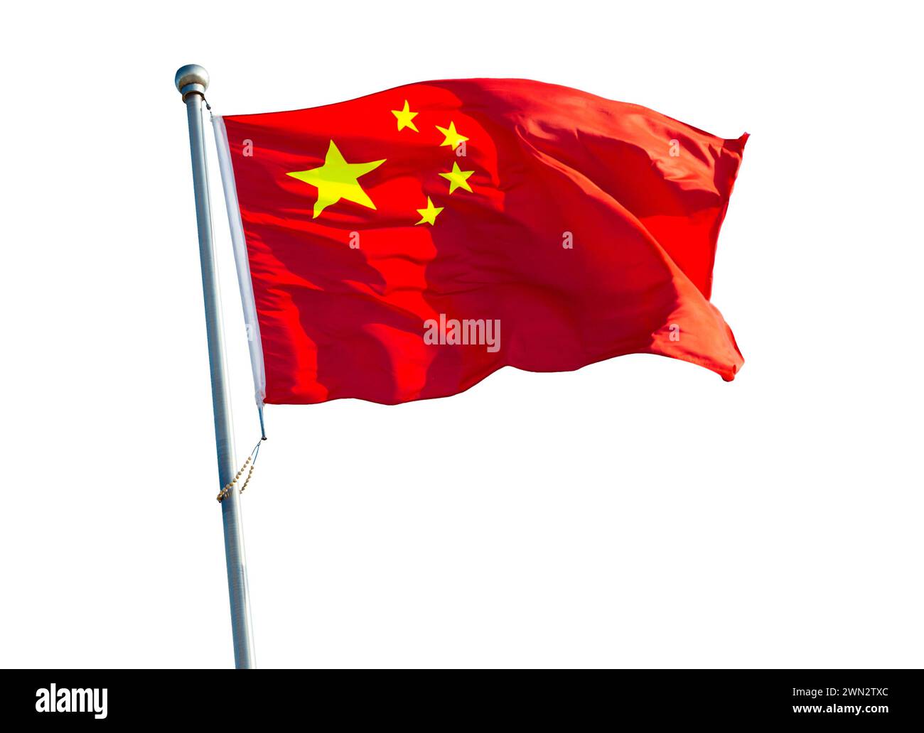 Drapeau chinois sur le poteau ondulant dans le vent sur fond blanc Banque D'Images