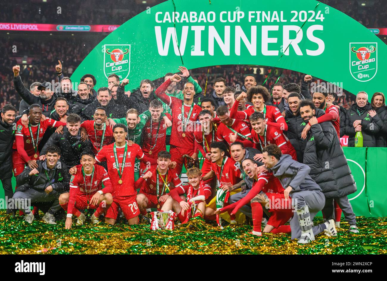 25 février 2024 - Chelsea v Liverpool - finale de la Coupe de Carabao - stade de Wembley. Liverpool célèbre avoir remporté la Carabao Cup 2024. Photo : Mark pain/Alamy Banque D'Images