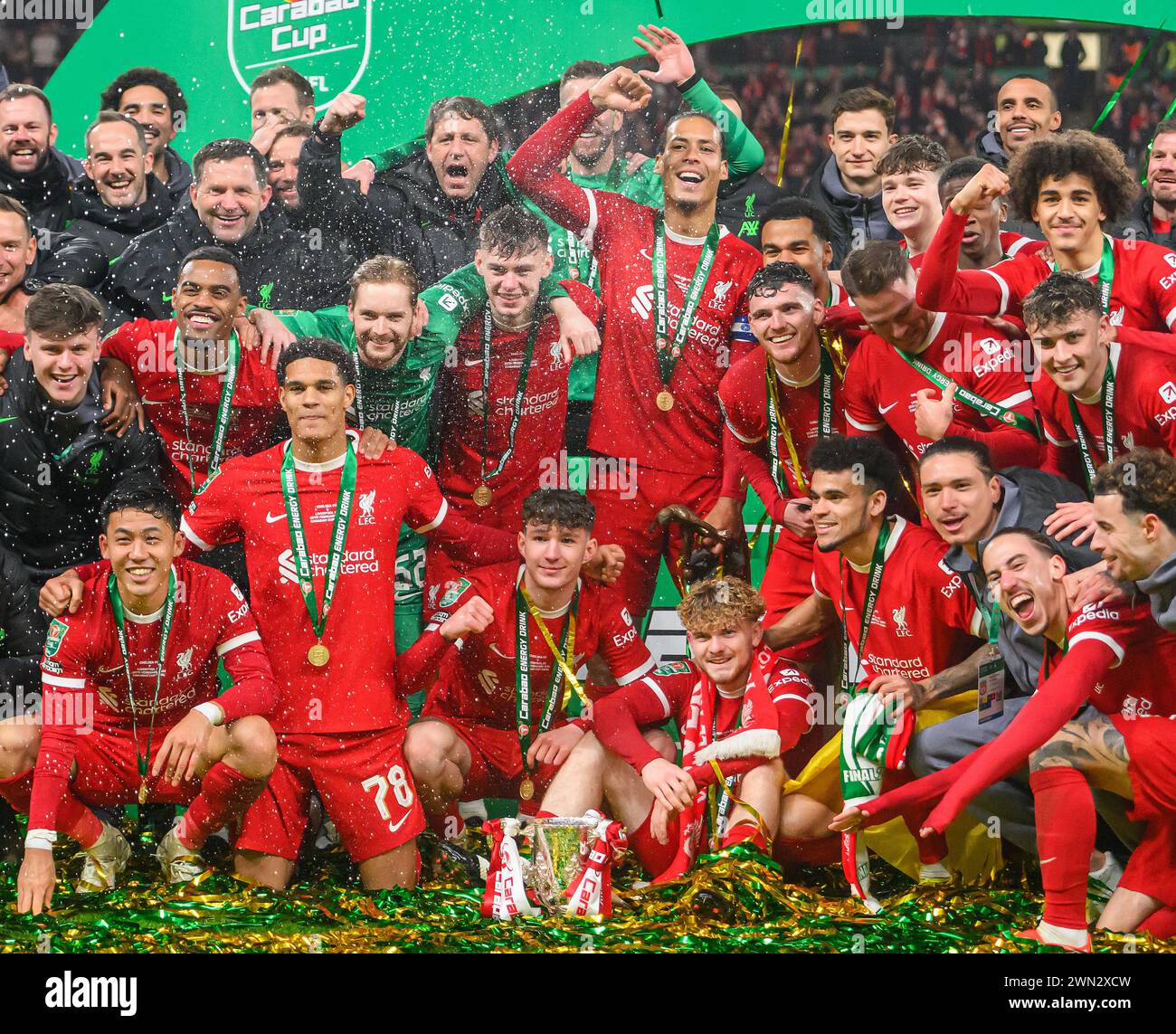 25 février 2024 - Chelsea v Liverpool - finale de la Coupe de Carabao - stade de Wembley. Liverpool célèbre avoir remporté la Carabao Cup 2024. Photo : Mark pain/Alamy Banque D'Images